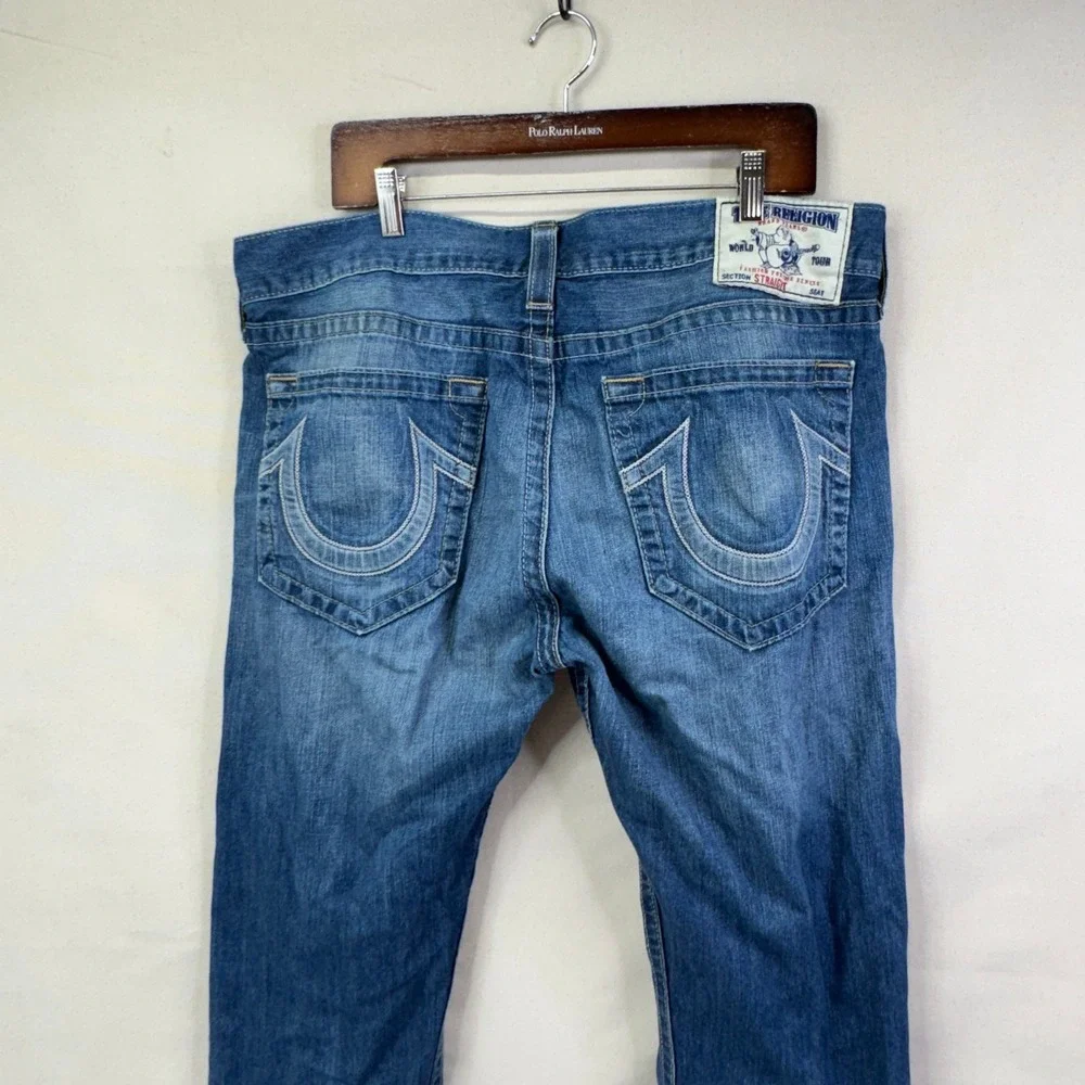 True Religion Straight Leg Jeans 38X29 Blue Denim Y2K Streetwear McBling